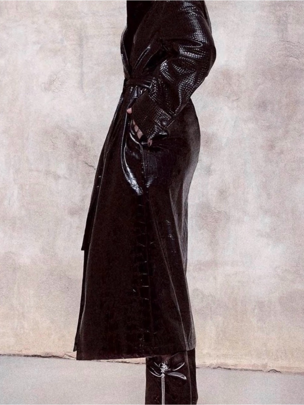 Boohoo Black Patent Croc-Effect Trench Coat - Picture 5 of 7